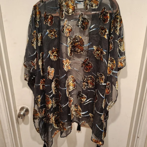 Japna Women's Velvet Burnout Kimono Duster Black & Gold Floral Sz L Whimsigoth - Picture 6 of 6